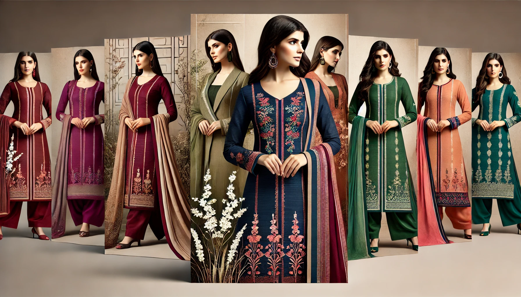 DALL·E 2024-10-14 12.45.29 - A stylish banner showcasing a collection of traditional suits for women. The banner features vibrant and elegant suits with intricate embroidery and m